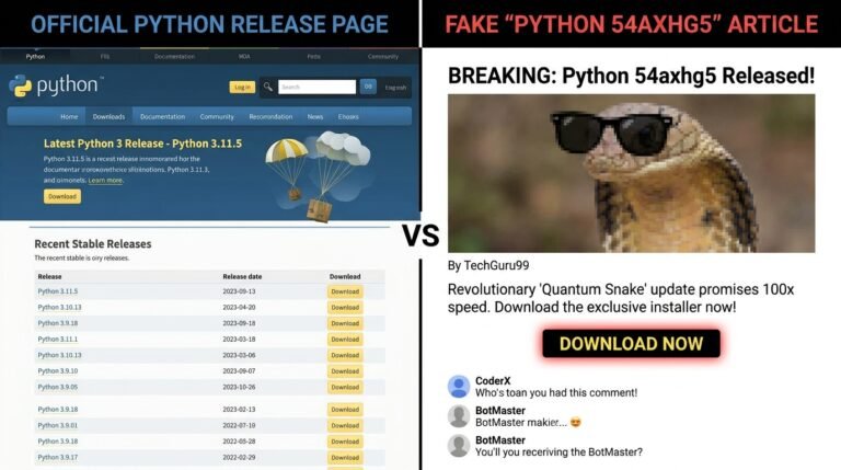 Python official releases compared to fabricated python 54axhg5 content