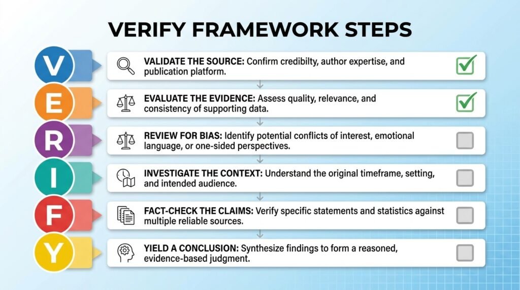 Visual checklist graphic of the VERIFY framework steps
